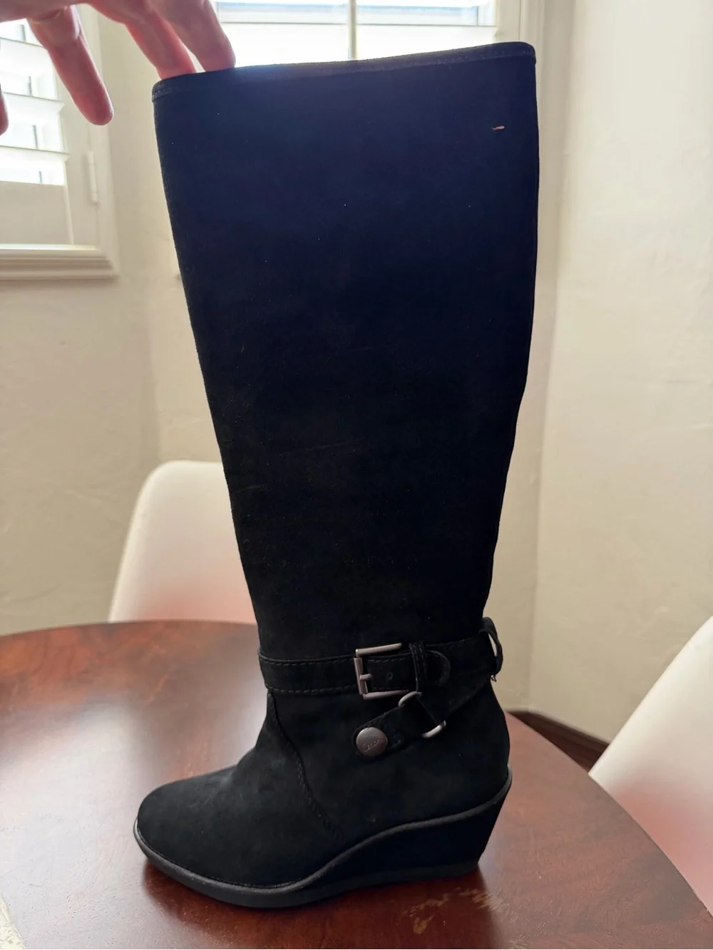 Coach Candid Black Kid Suede Buckle Wedge Tall Over-the-Knee Boots